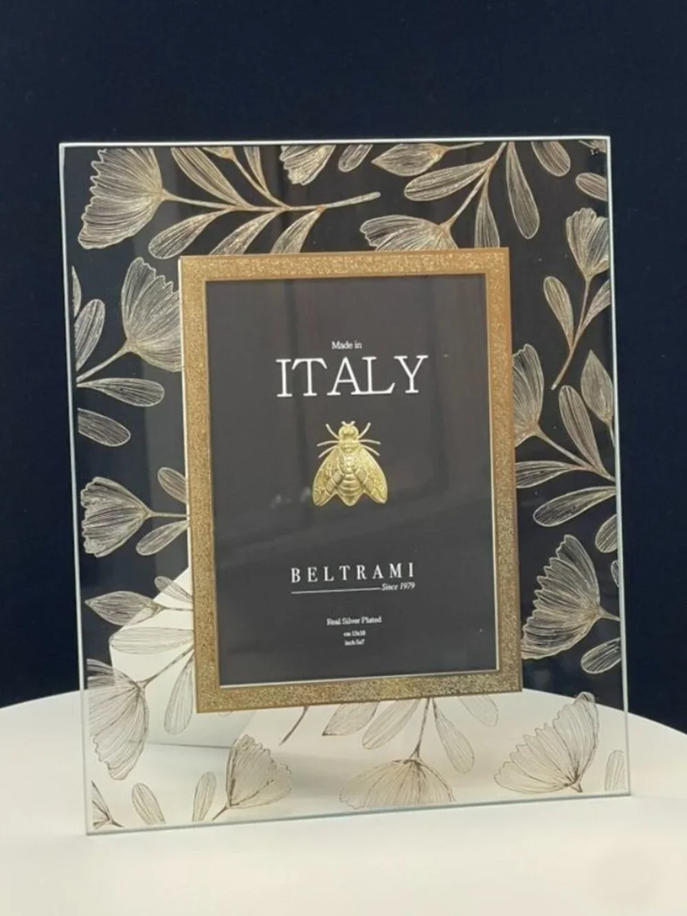 Beltrami Italy Silver Plated 5x7 Frame Gold Floral Glass Photo Holder